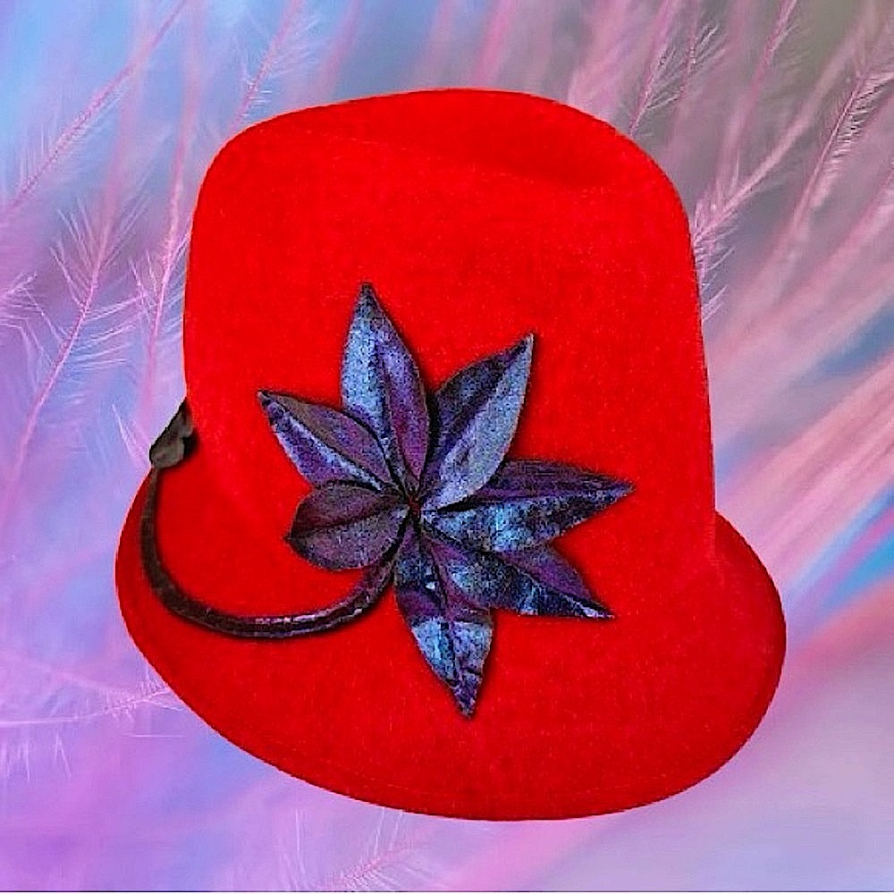 {Ophelie Montreal} VTG Custom Red Wool Felt Cloche Hat Iridescent Leather Flower